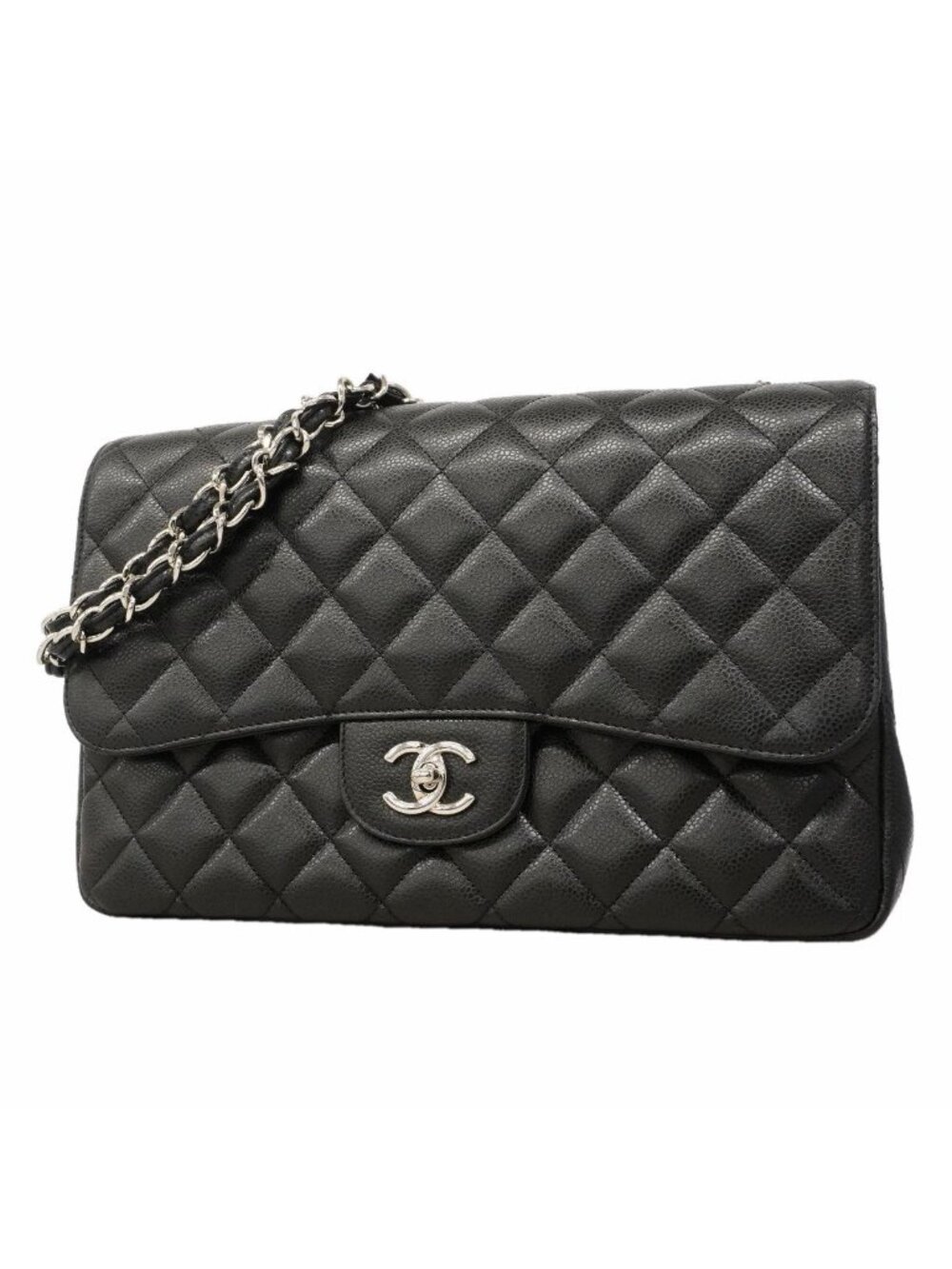 Chanel Shoulder Bag Maxi Quilted Caviar Leather Black Silver